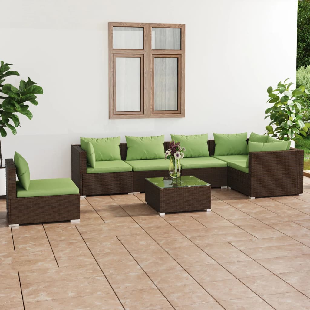 7 pcs conjunto lounge de jardim c/ almofadões vime PE castanho