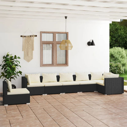 7 pcs conjunto lounge de jardim c/ almofadões vime PE preto