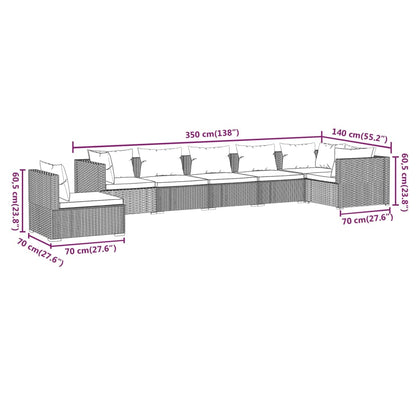 7 pcs conjunto lounge jardim c/ almofadões vime PE castanho