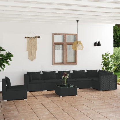 8 pcs conjunto lounge de jardim c/ almofadões vime PE preto