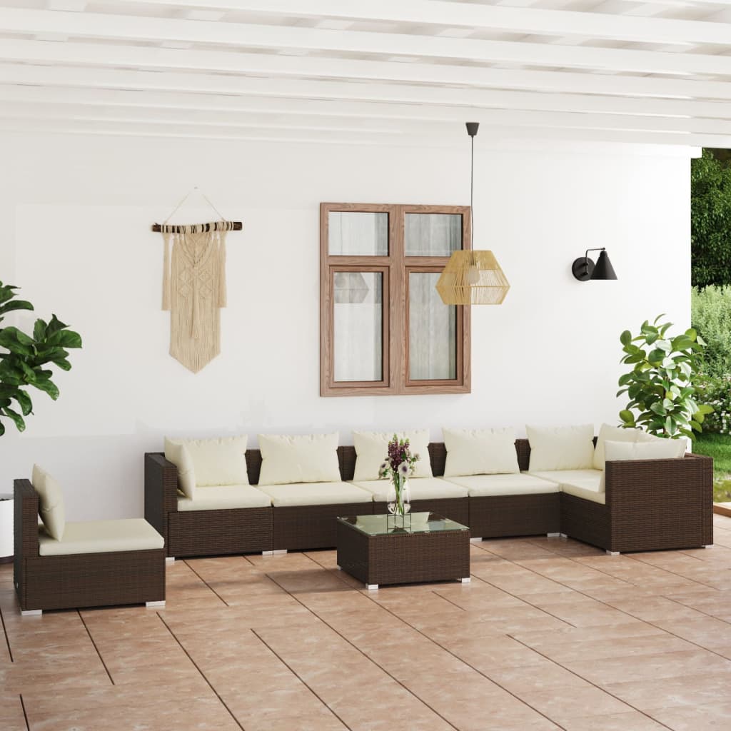 8 pcs conjunto lounge jardim c/ almofadões vime PE castanho