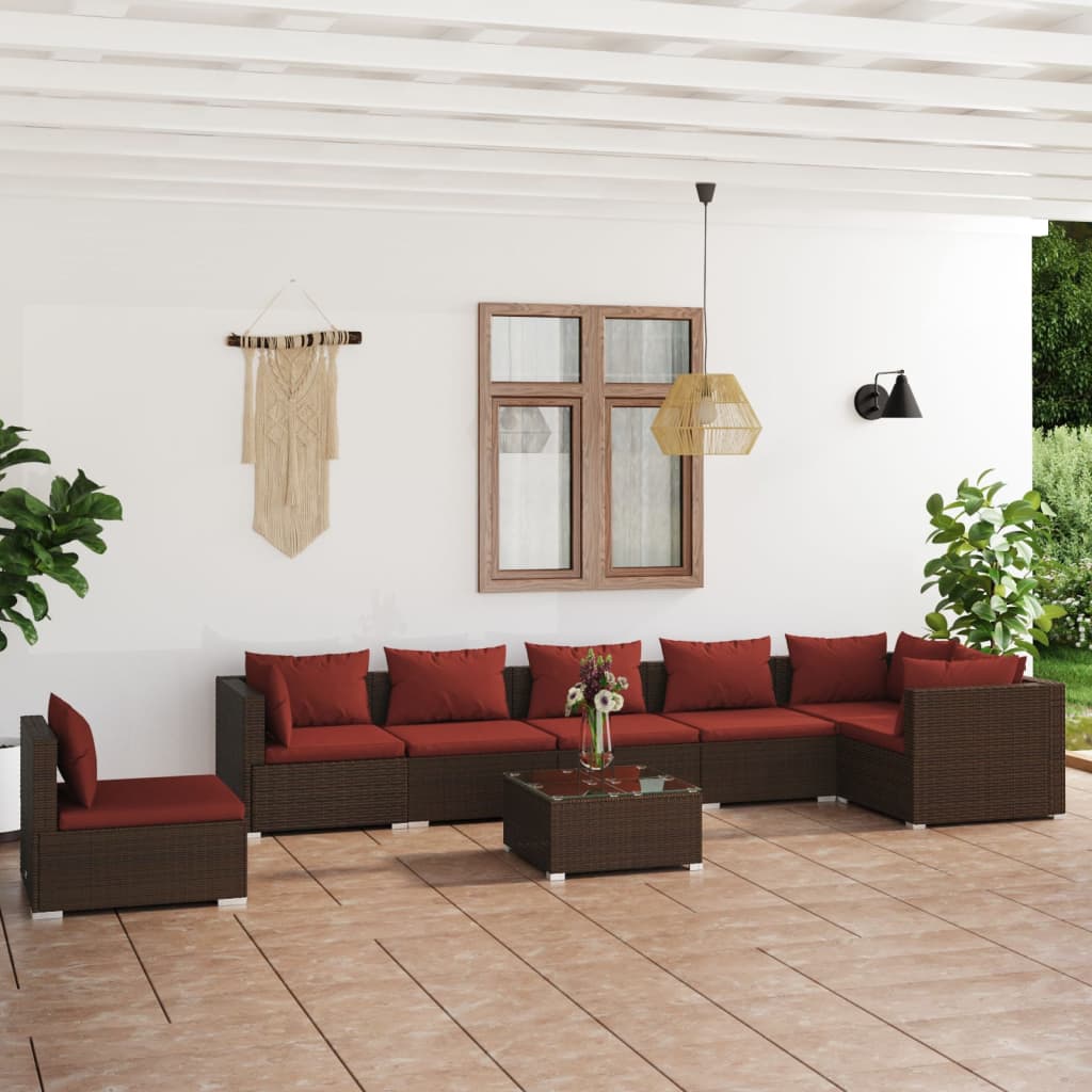 8 pcs conjunto lounge jardim c/ almofadões vime PE castanho