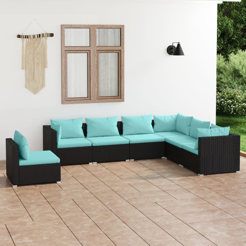 7 pcs conjunto lounge de jardim c/ almofadões vime PE preto