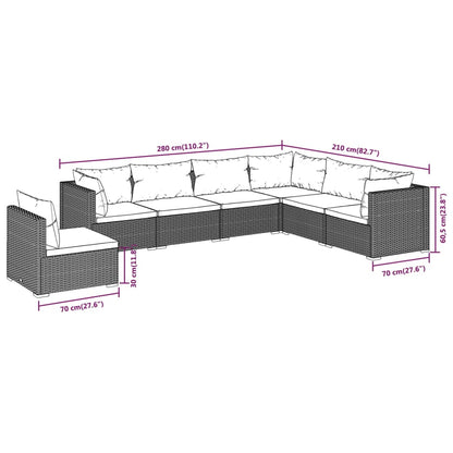 7 pcs conjunto lounge jardim c/ almofadões vime PE castanho