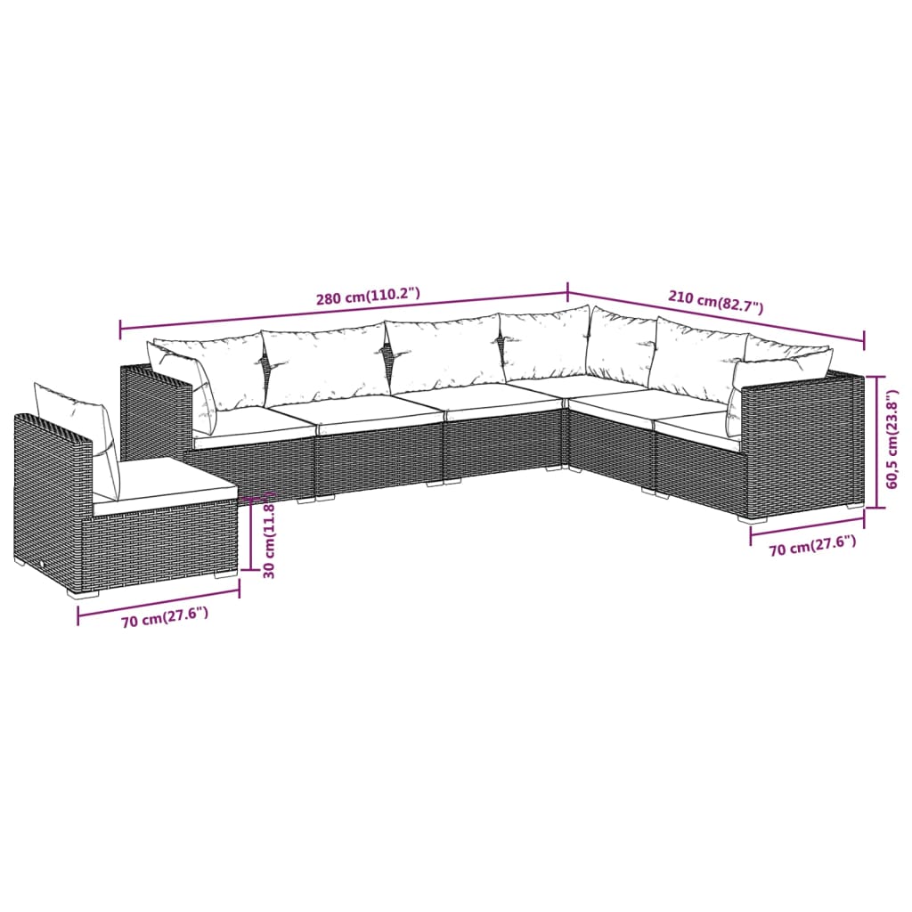 7 pcs conjunto lounge de jardim c/ almofadões vime PE cinzento