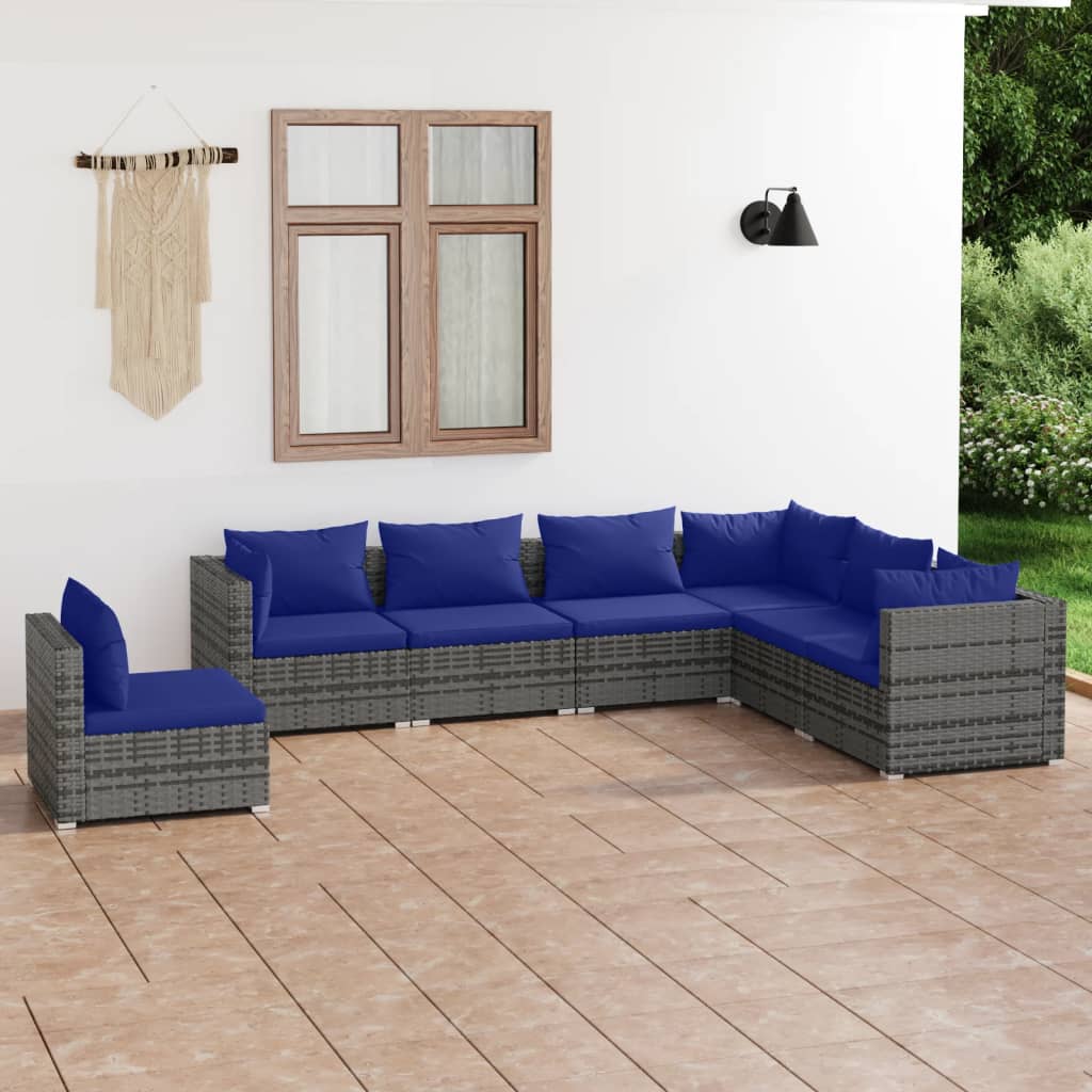 7 pcs conjunto lounge de jardim c/ almofadões vime PE cinzento