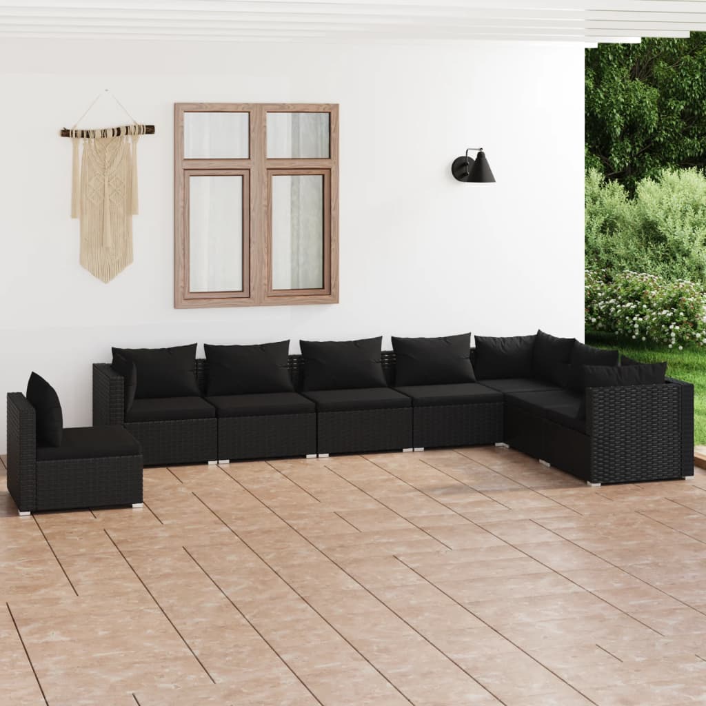 8 pcs conjunto lounge de jardim c/ almofadões vime PE preto