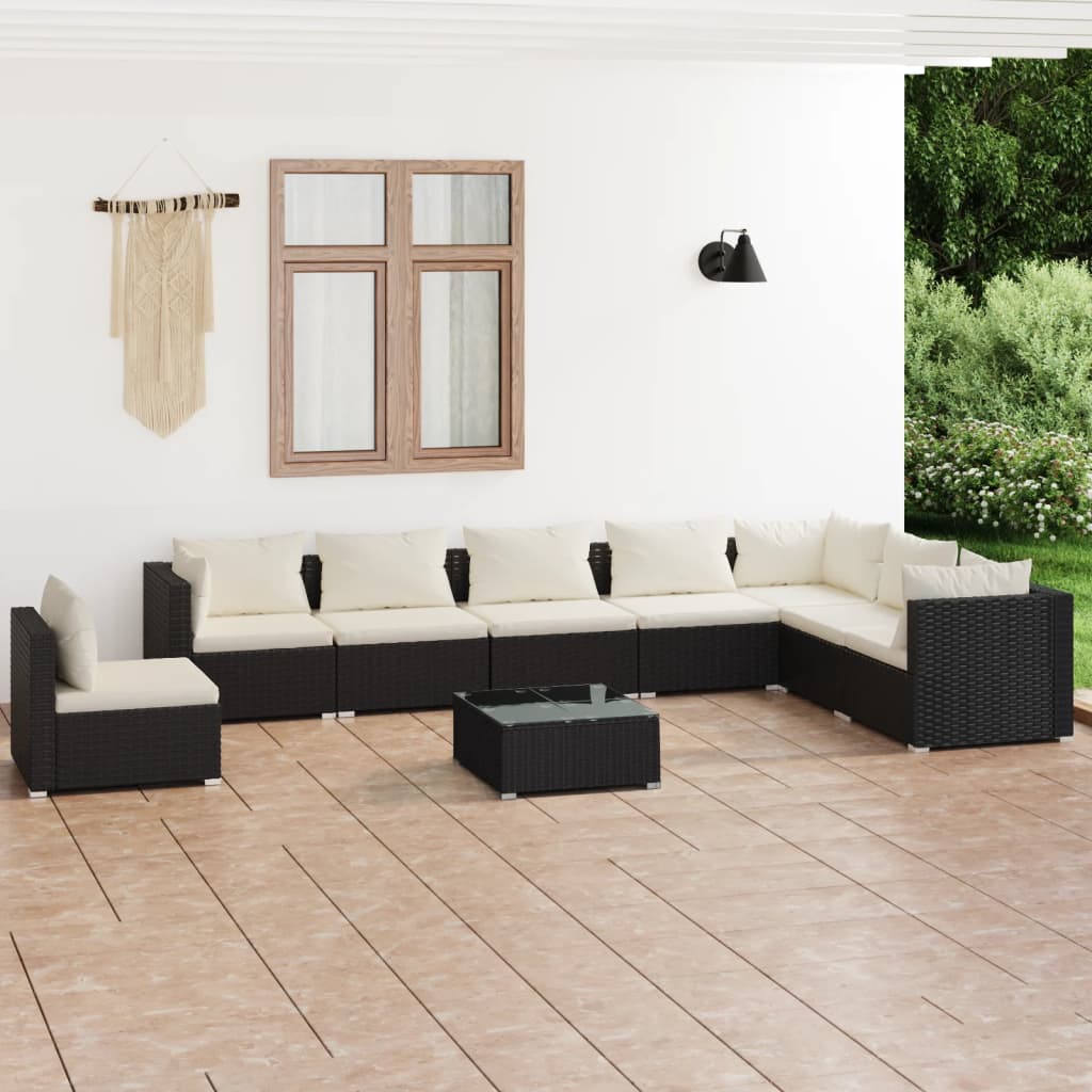 9 pcs conjunto lounge de jardim c/ almofadões vime PE preto