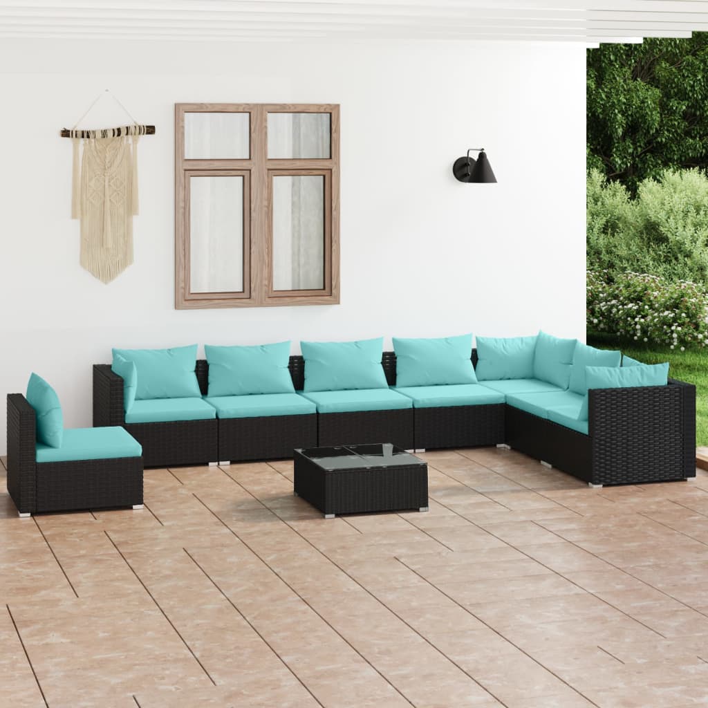 9 pcs conjunto lounge de jardim c/ almofadões vime PE preto