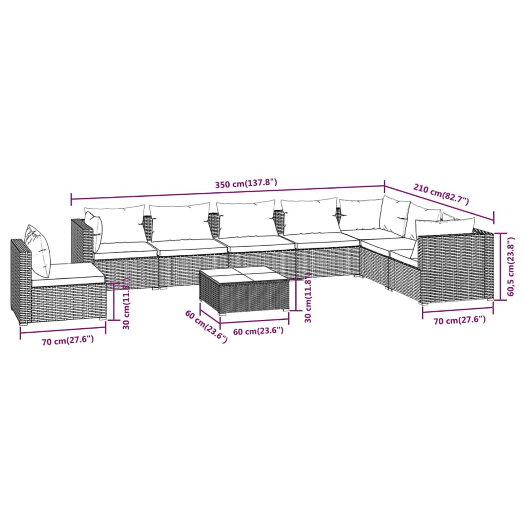 9 pcs conjunto lounge de jardim c/ almofadões vime PE castanho