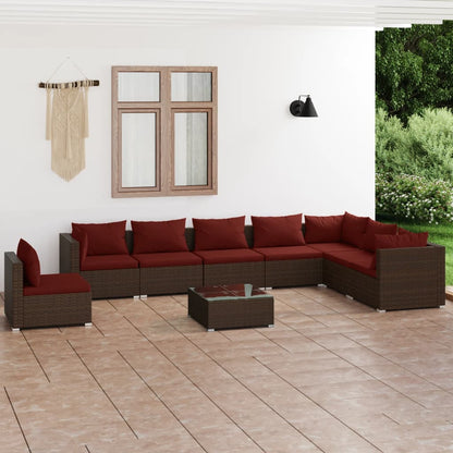 9 pcs conjunto lounge de jardim c/ almofadões vime PE castanho