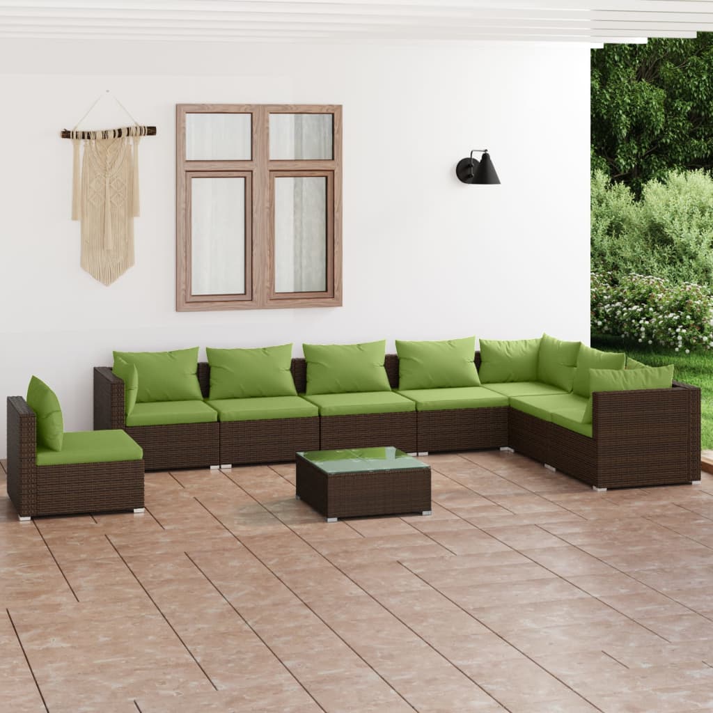 9 pcs conjunto lounge de jardim c/ almofadões vime PE castanho