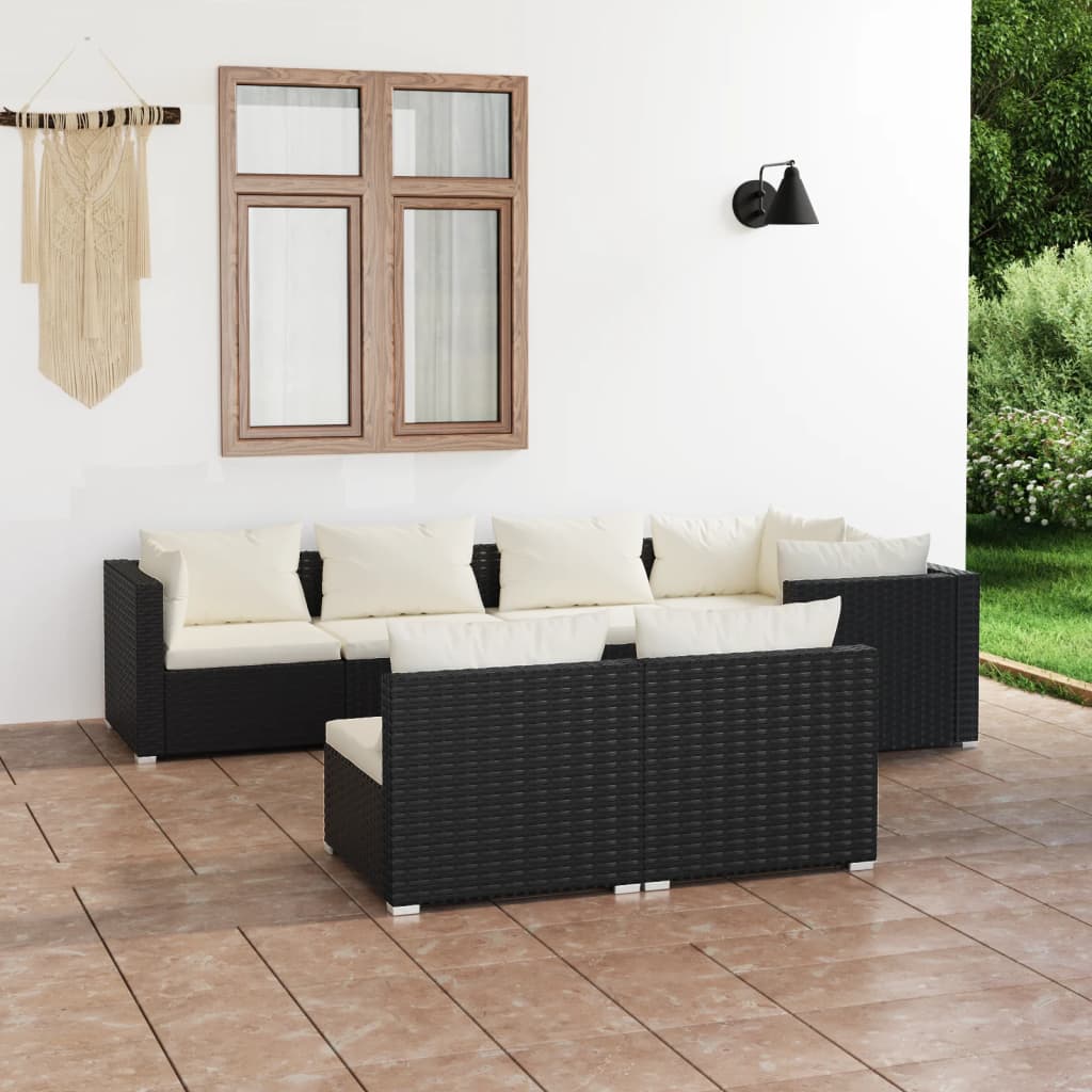 7 pcs conjunto lounge de jardim c/ almofadões vime PE preto