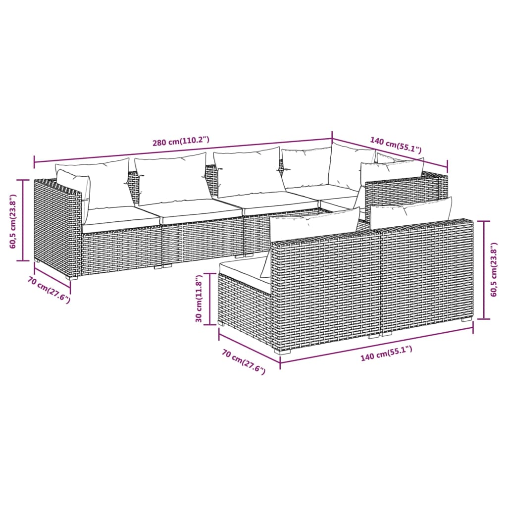 7 pcs conjunto lounge de jardim c/ almofadões vime PE castanho