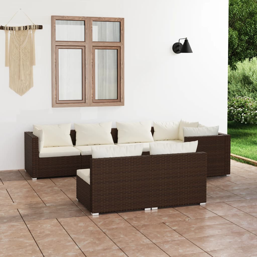 7 pcs conjunto lounge de jardim c/ almofadões vime PE castanho