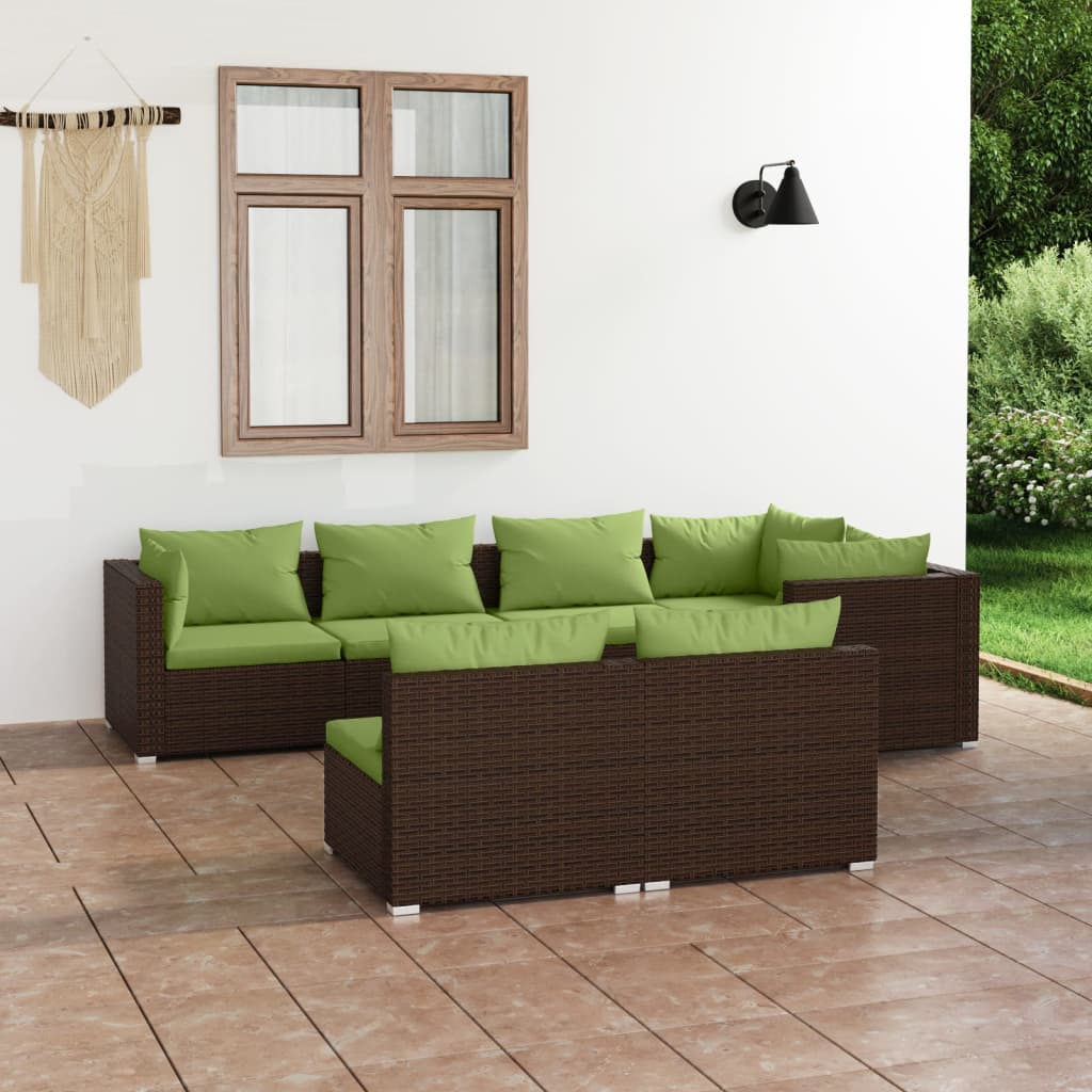 7 pcs conjunto lounge de jardim c/ almofadões vime PE castanho