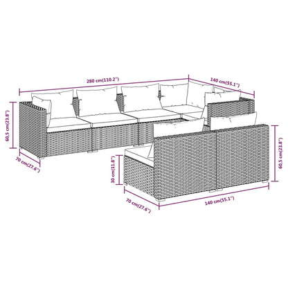 7 pcs conjunto lounge de jardim c/ almofadões vime PE cinzento