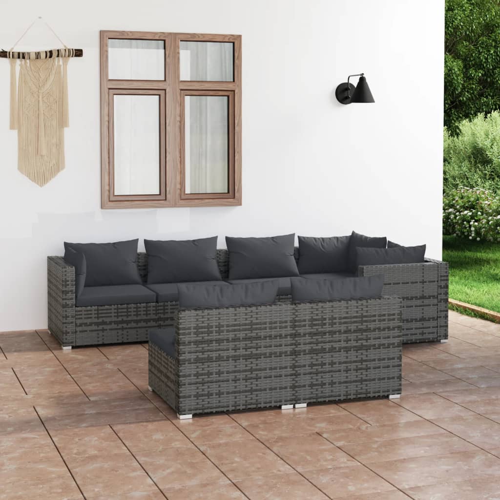 7 pcs conjunto lounge de jardim c/ almofadões vime PE cinzento