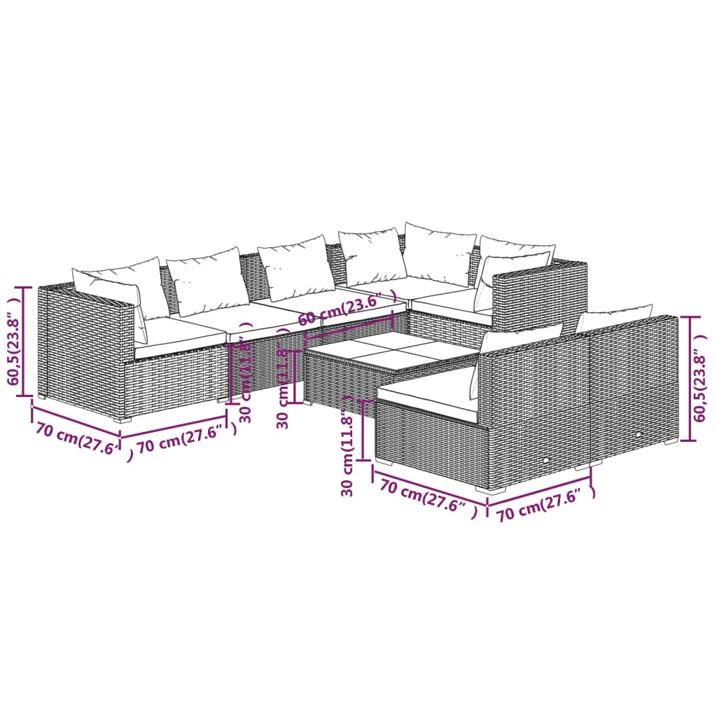 8 pcs conjunto lounge de jardim c/ almofadões vime PE castanho