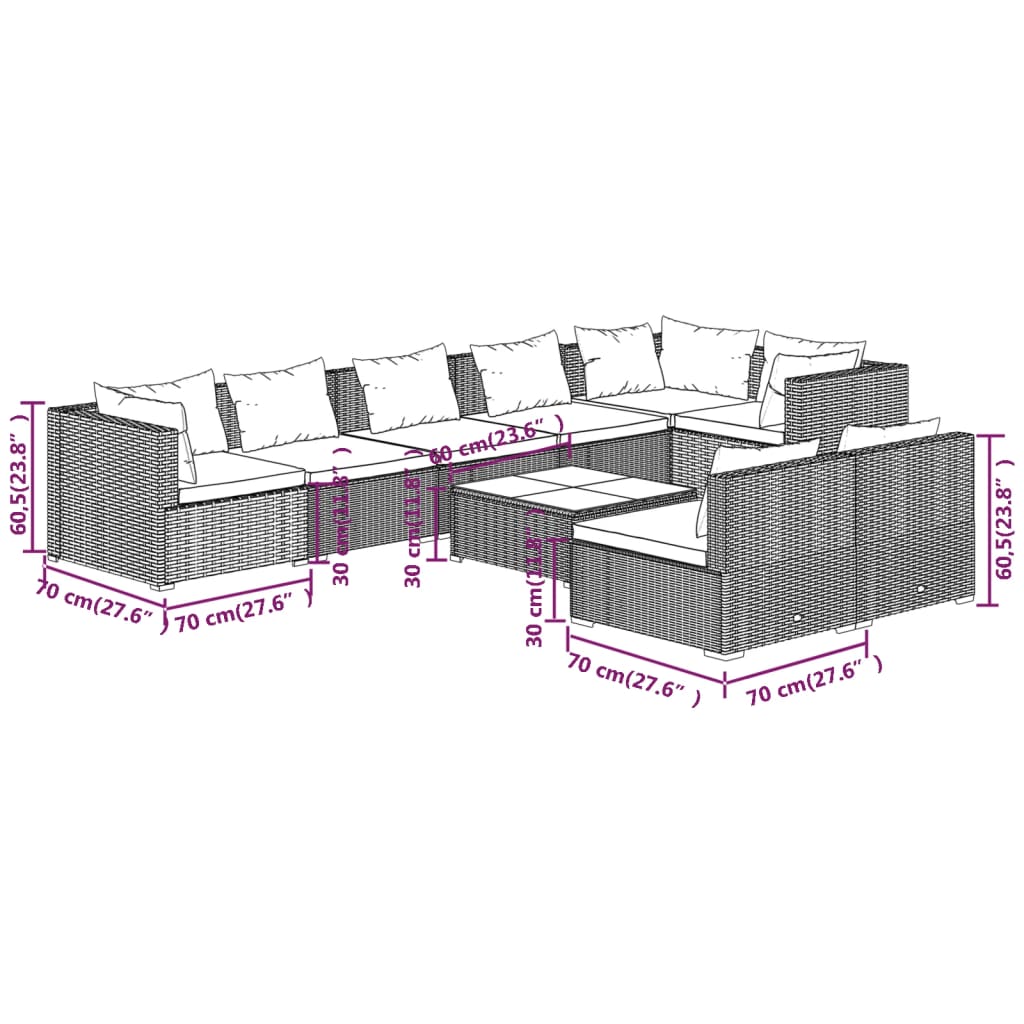 9 pcs conjunto lounge de jardim c/ almofadões vime PE castanho