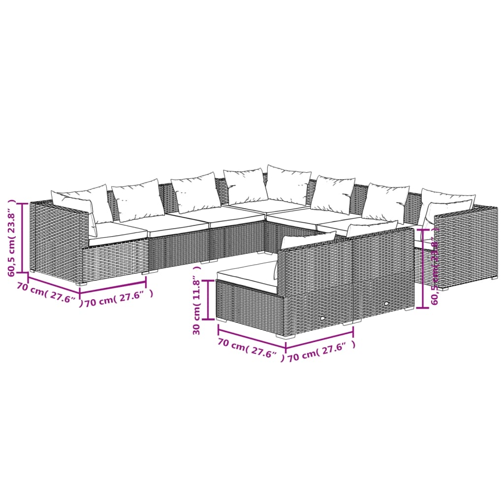 9 pcs conjunto lounge jardim c/ almofadões vime PE castanho