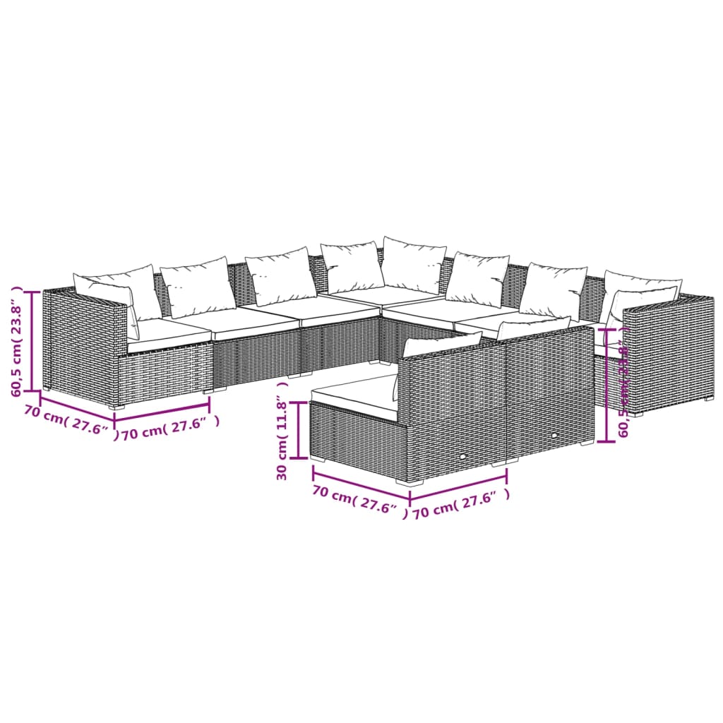 9 pcs conjunto lounge de jardim c/ almofadões vime PE castanho