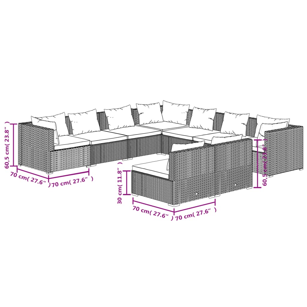 9 pcs conjunto lounge de jardim c/ almofadões vime PE castanho