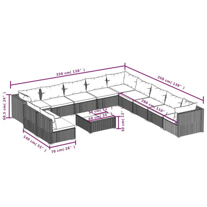 12 pcs conjunto lounge de jardim c/ almofadões vime PE castanho