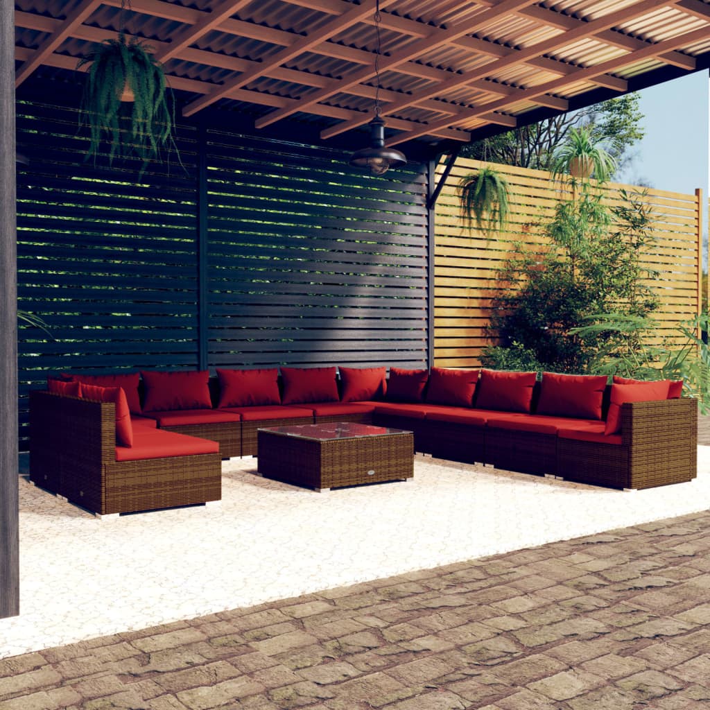 12 pcs conjunto lounge de jardim c/ almofadões vime PE castanho