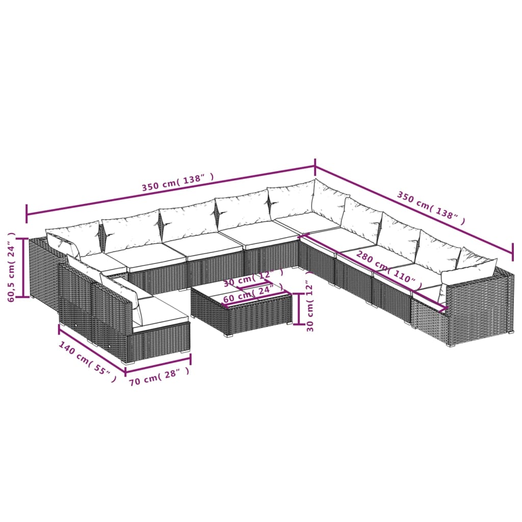 12 pcs conjunto lounge de jardim c/ almofadões vime PE cinzento