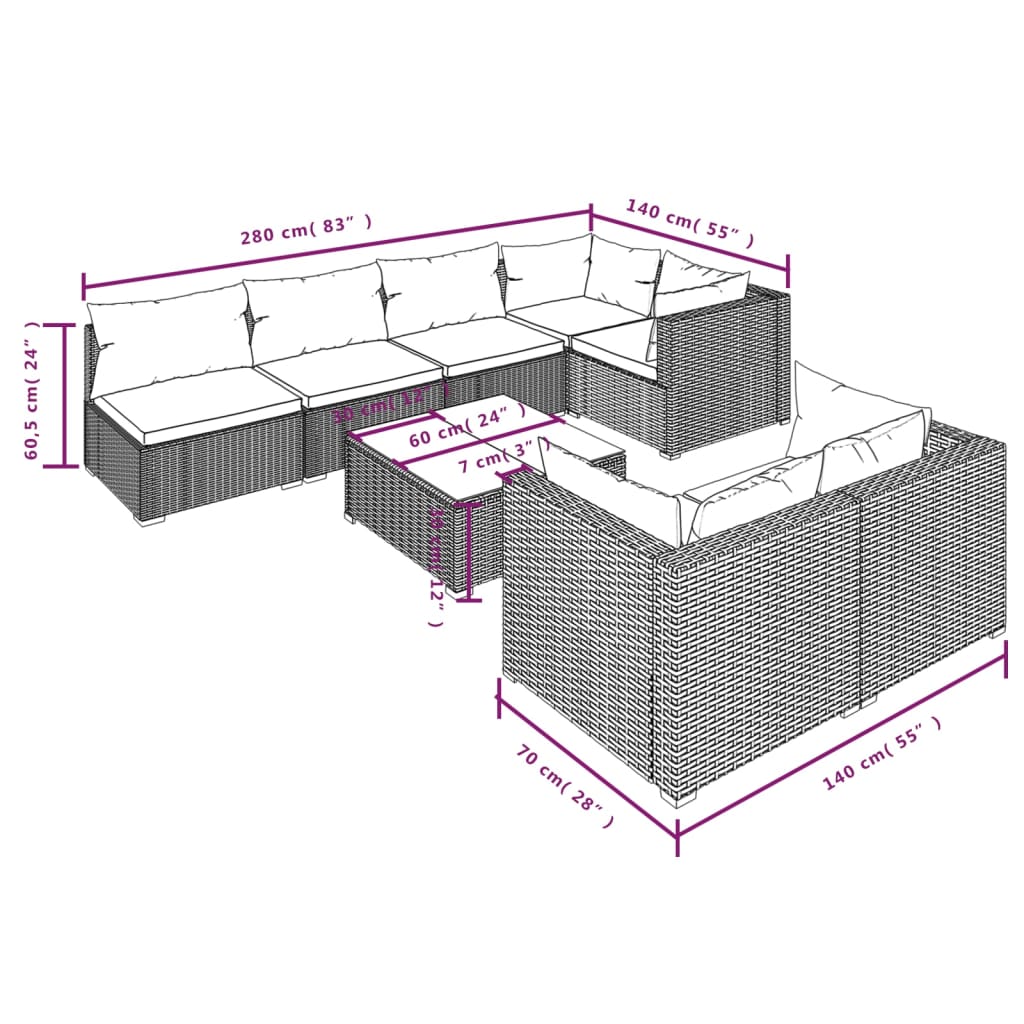 8 pcs conjunto lounge de jardim c/ almofadões vime PE cinzento