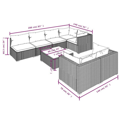 8 pcs conjunto lounge de jardim c/ almofadões vime PE cinzento