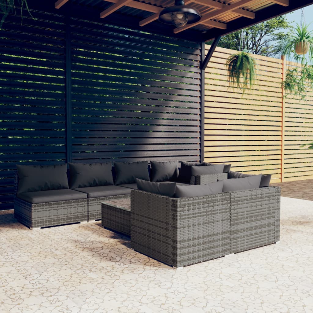 8 pcs conjunto lounge de jardim c/ almofadões vime PE cinzento