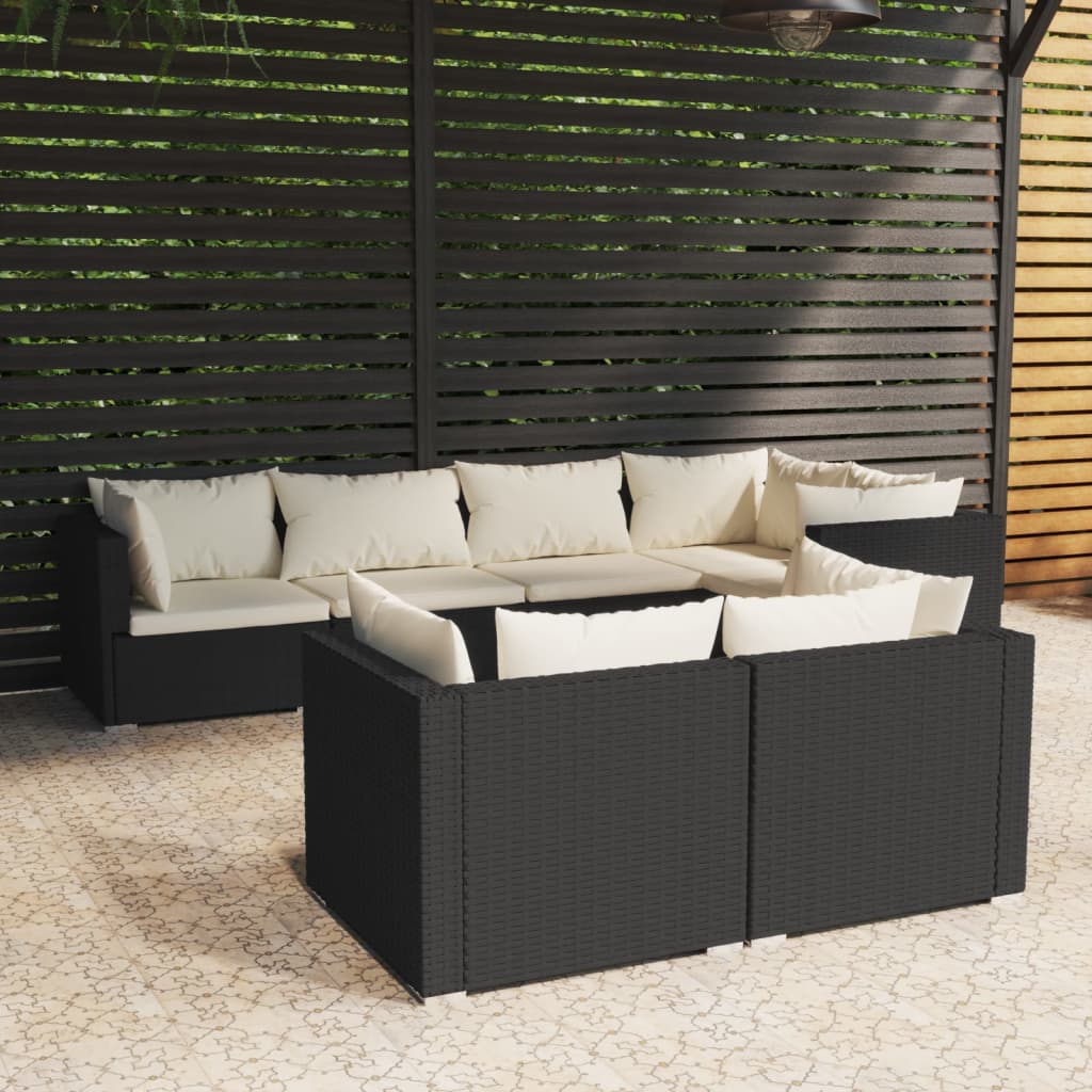 7 pcs conjunto lounge de jardim c/ almofadões vime PE preto