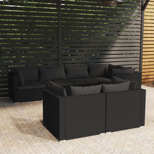 7 pcs conjunto lounge de jardim c/ almofadões vime PE preto