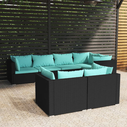 7 pcs conjunto lounge de jardim c/ almofadões vime PE preto