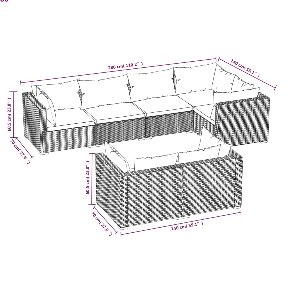 7 pcs conjunto lounge de jardim c/ almofadões vime PE castanho