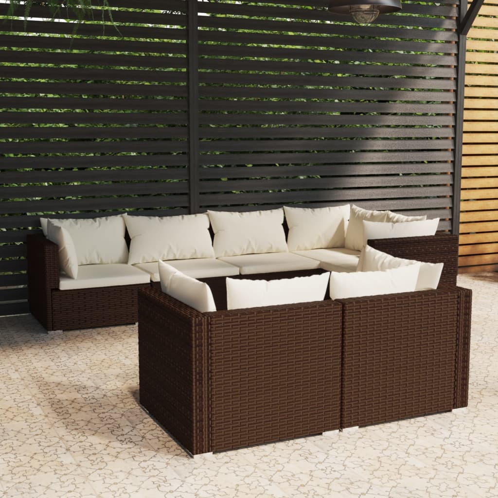 7 pcs conjunto lounge de jardim c/ almofadões vime PE castanho