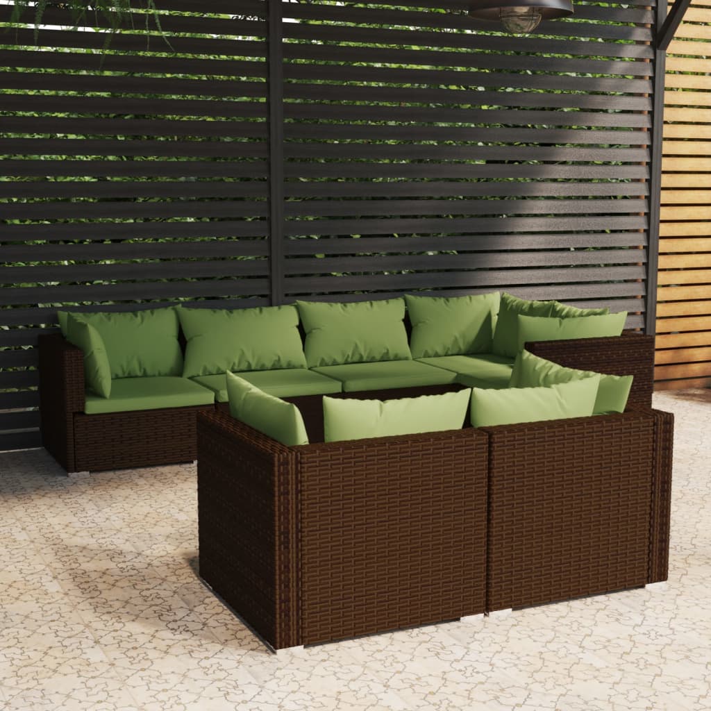 7 pcs conjunto lounge de jardim c/ almofadões vime PE castanho