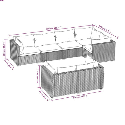 7 pcs conjunto lounge de jardim c/ almofadões vime PE cinzento