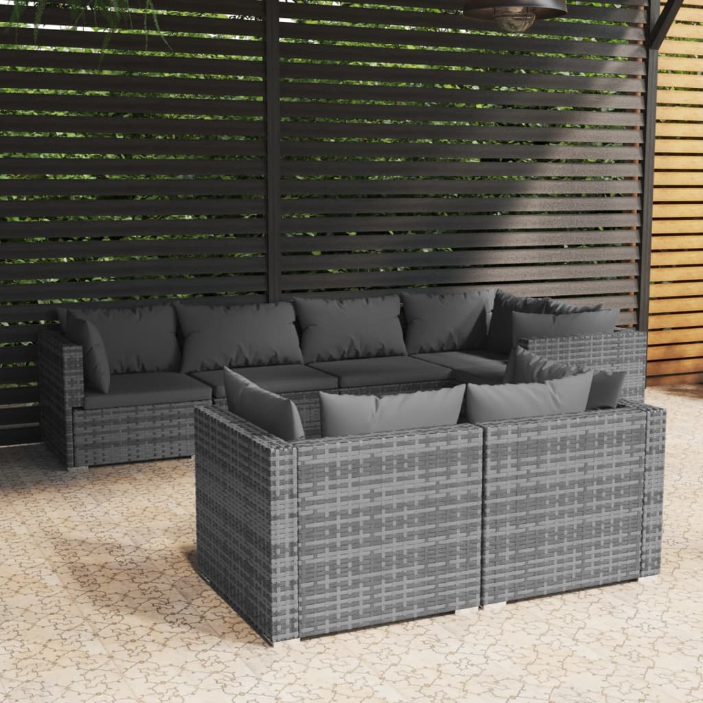 7 pcs conjunto lounge de jardim c/ almofadões vime PE cinzento