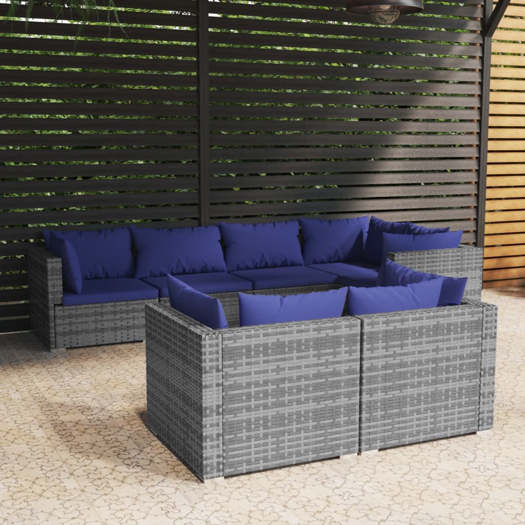 7 pcs conjunto lounge de jardim c/ almofadões vime PE cinzento