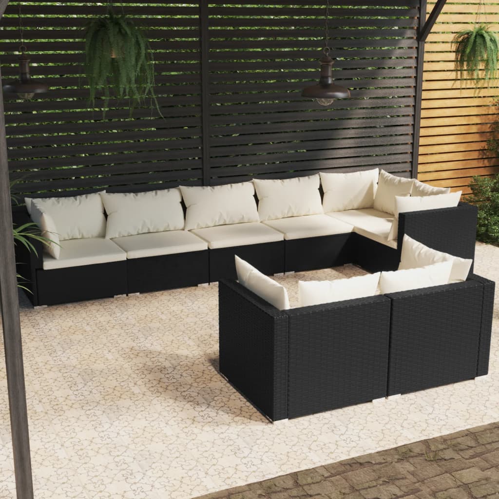 8 pcs conjunto lounge de jardim c/ almofadões vime PE preto