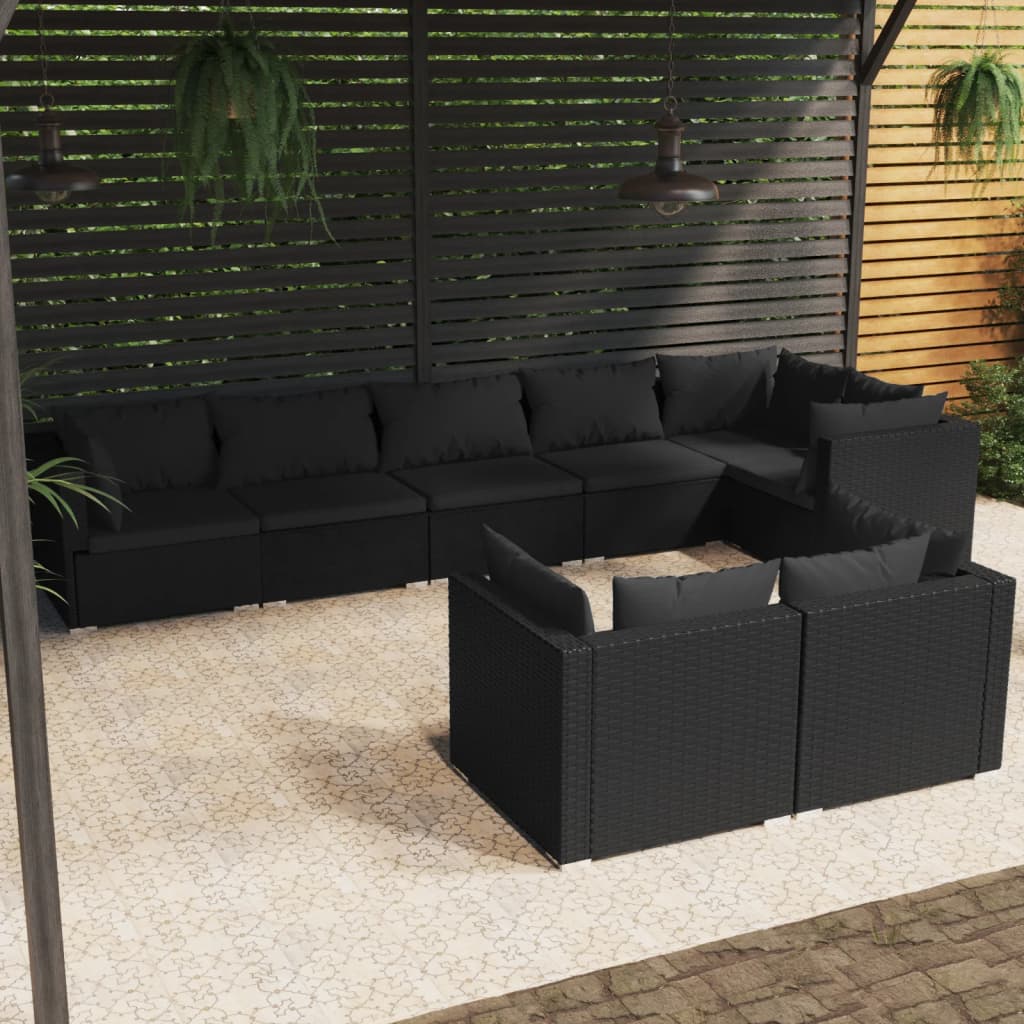 8 pcs conjunto lounge de jardim c/ almofadões vime PE preto