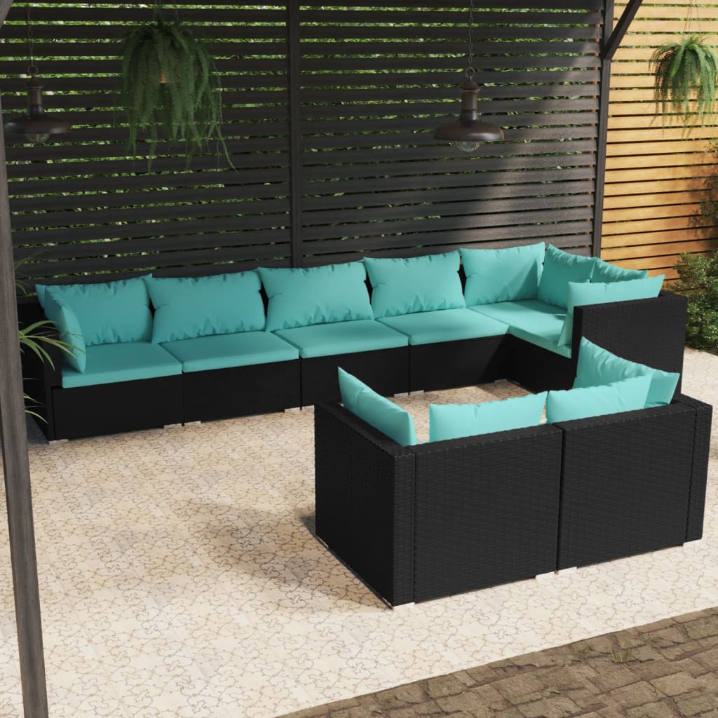 8 pcs conjunto lounge de jardim c/ almofadões vime PE preto