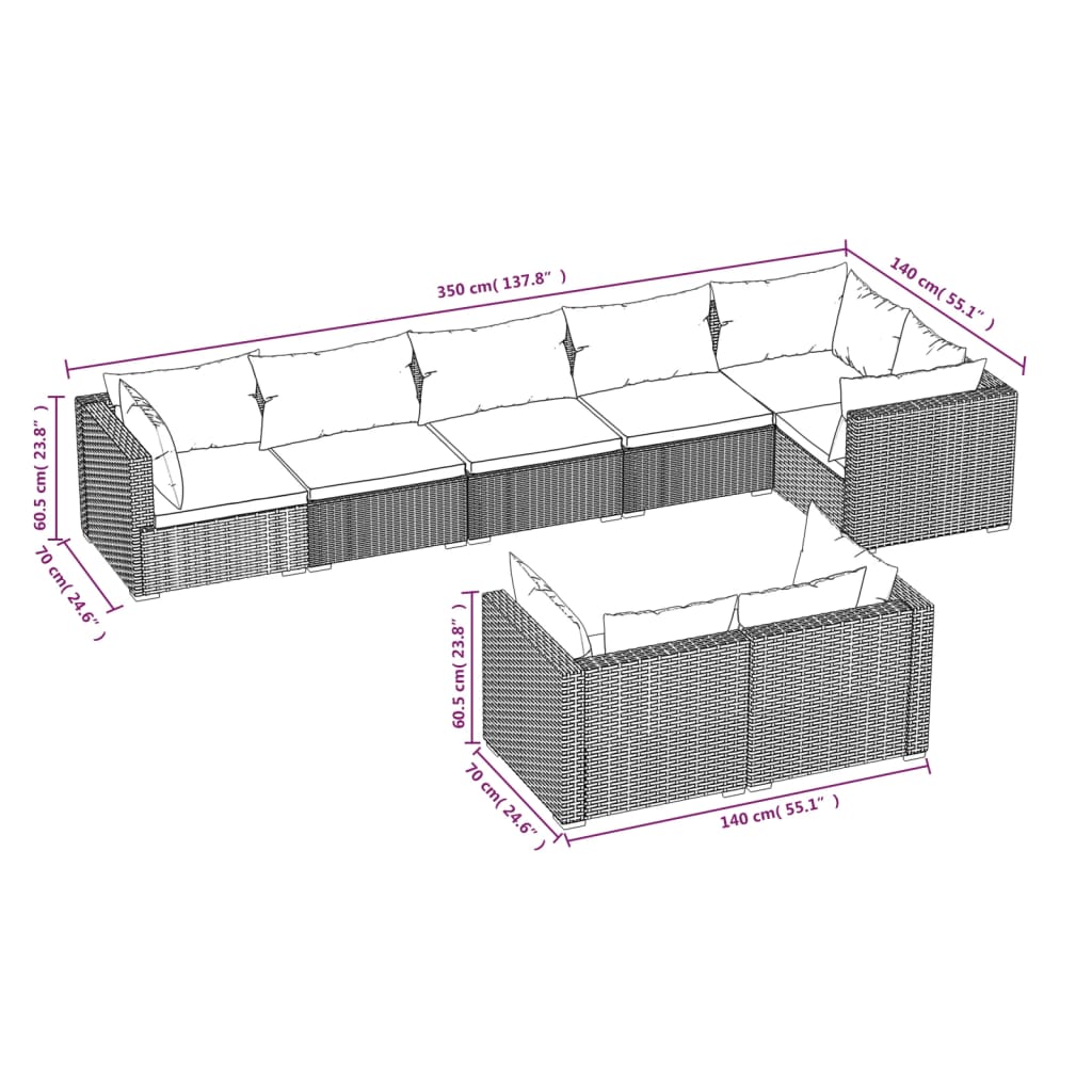 8 pcs conjunto lounge de jardim c/ almofadões vime PE castanho