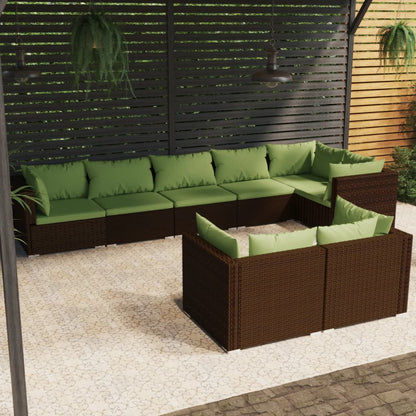 8 pcs conjunto lounge de jardim c/ almofadões vime PE castanho