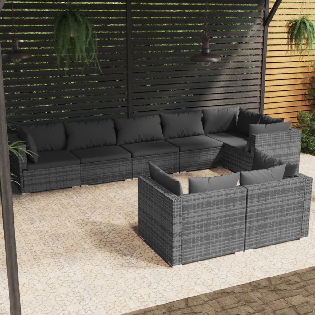 8 pcs conjunto lounge de jardim c/ almofadões vime PE cinzento