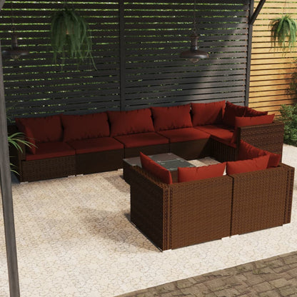 9 pcs conjunto lounge de jardim c/ almofadões vime PE castanho