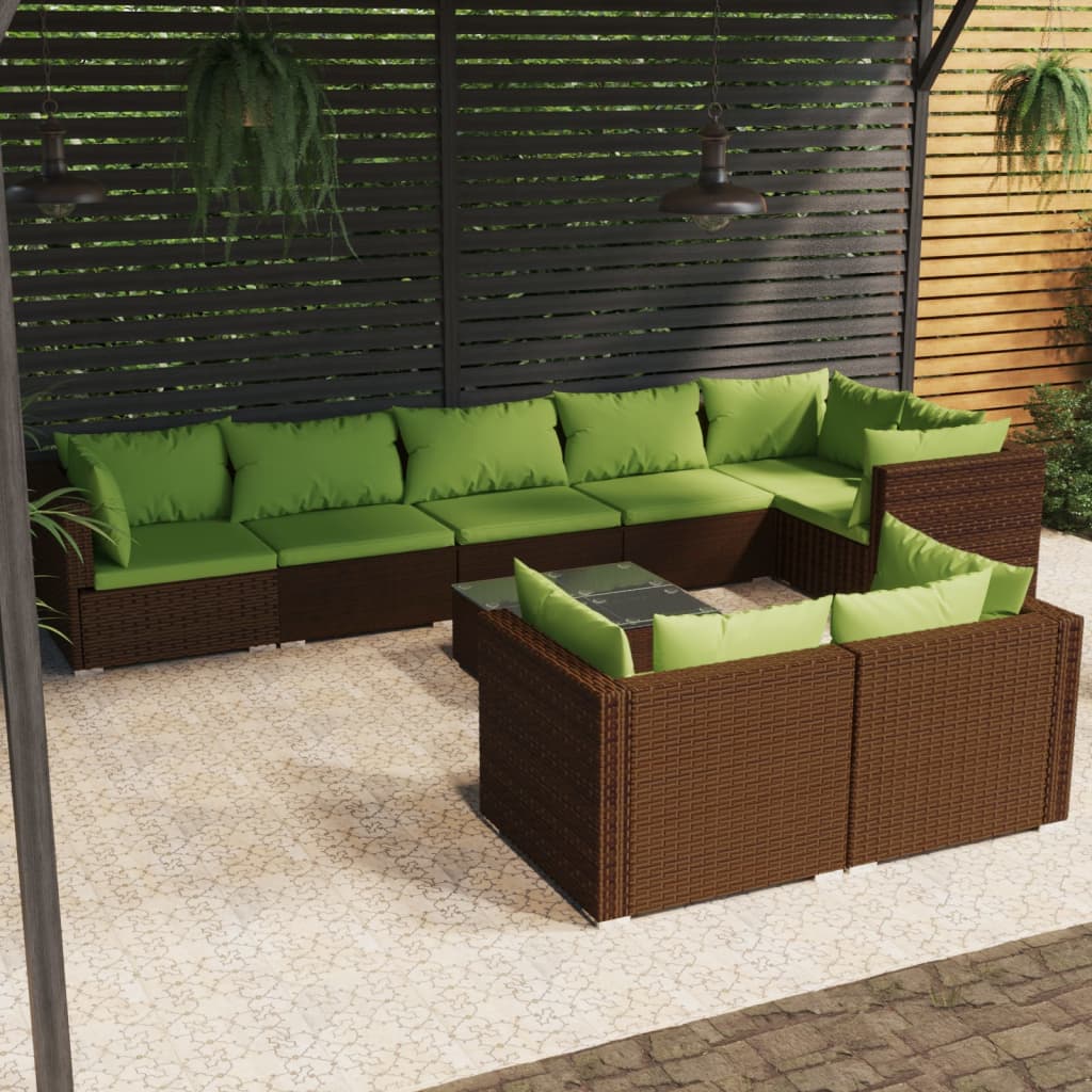 9 pcs conjunto lounge de jardim c/ almofadões vime PE castanho